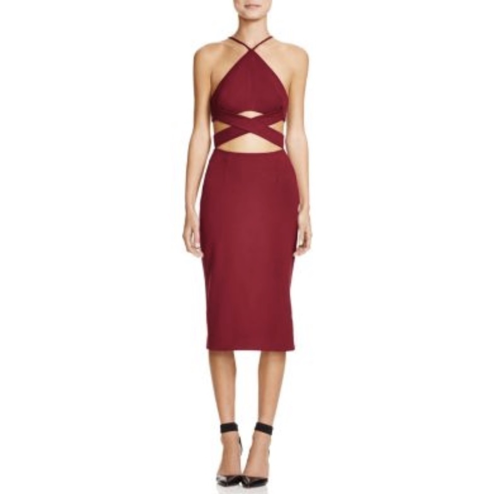 NWT N/Nicholas NICHOLAS Ponti Wrap Cross Back Cutout Midi Dress in Plum …